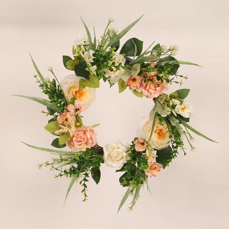 QX2E 15.7" Artificial Rose Wreath Front Door Decorations 40cm Wreath with Hydrangea & Green Leaves Wreath for Wall Decor