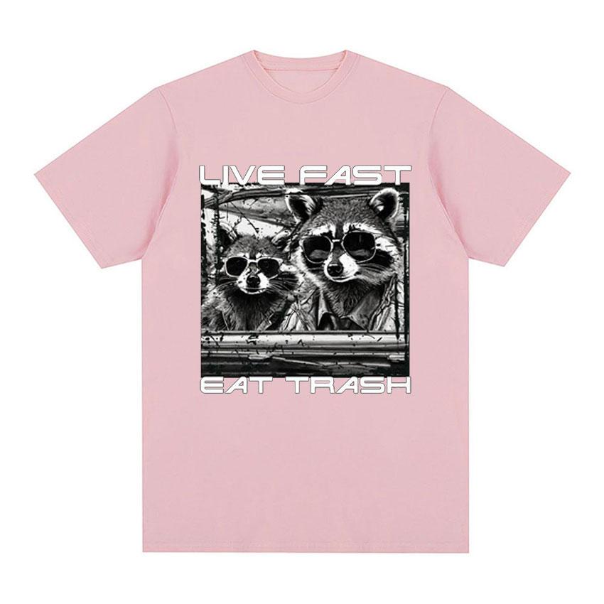 

Забавные футболки с рисунком енота Live Fast Eat Trash в стиле ретро, ​​мужская крутая модная одежда, футболка, повседневная уютная хлопковая футболка большого размера