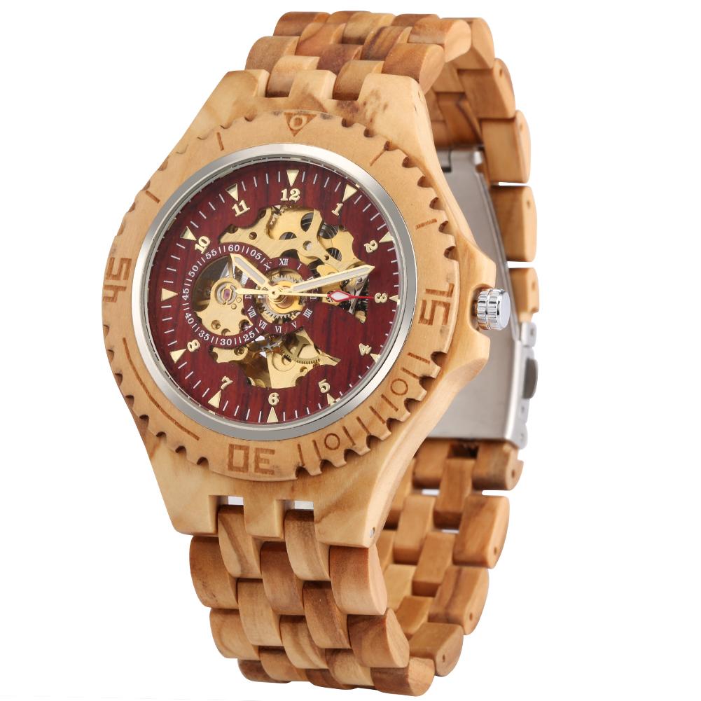 

Full Wooden Automatic Men Watches Analog Arabic Numerals Display Wood Bracelet Wristband Self-Winding Male Wristwatch червоний