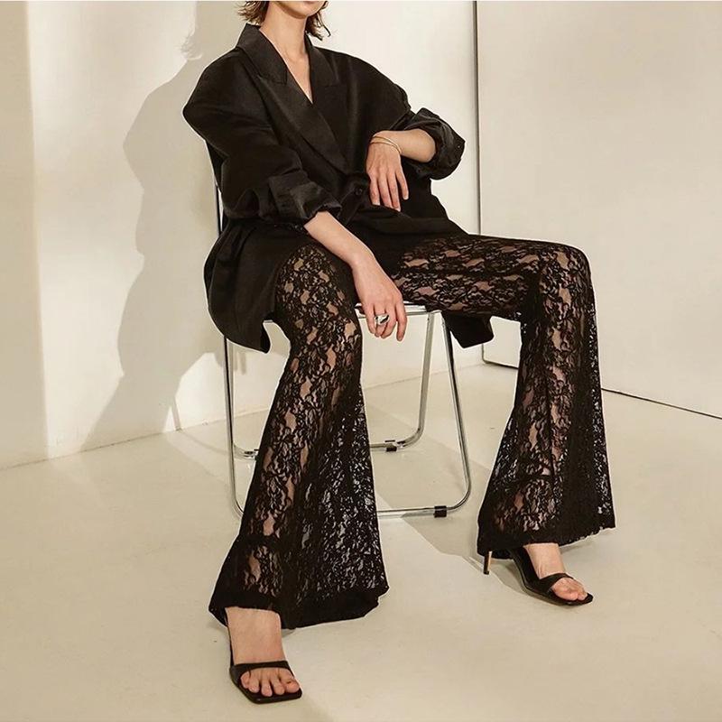 Damskie Przezroczyste Spodnie Dzwony z Koronkowymi Wstawkami i Niskim Stanem w Stylu Europejskim 2024