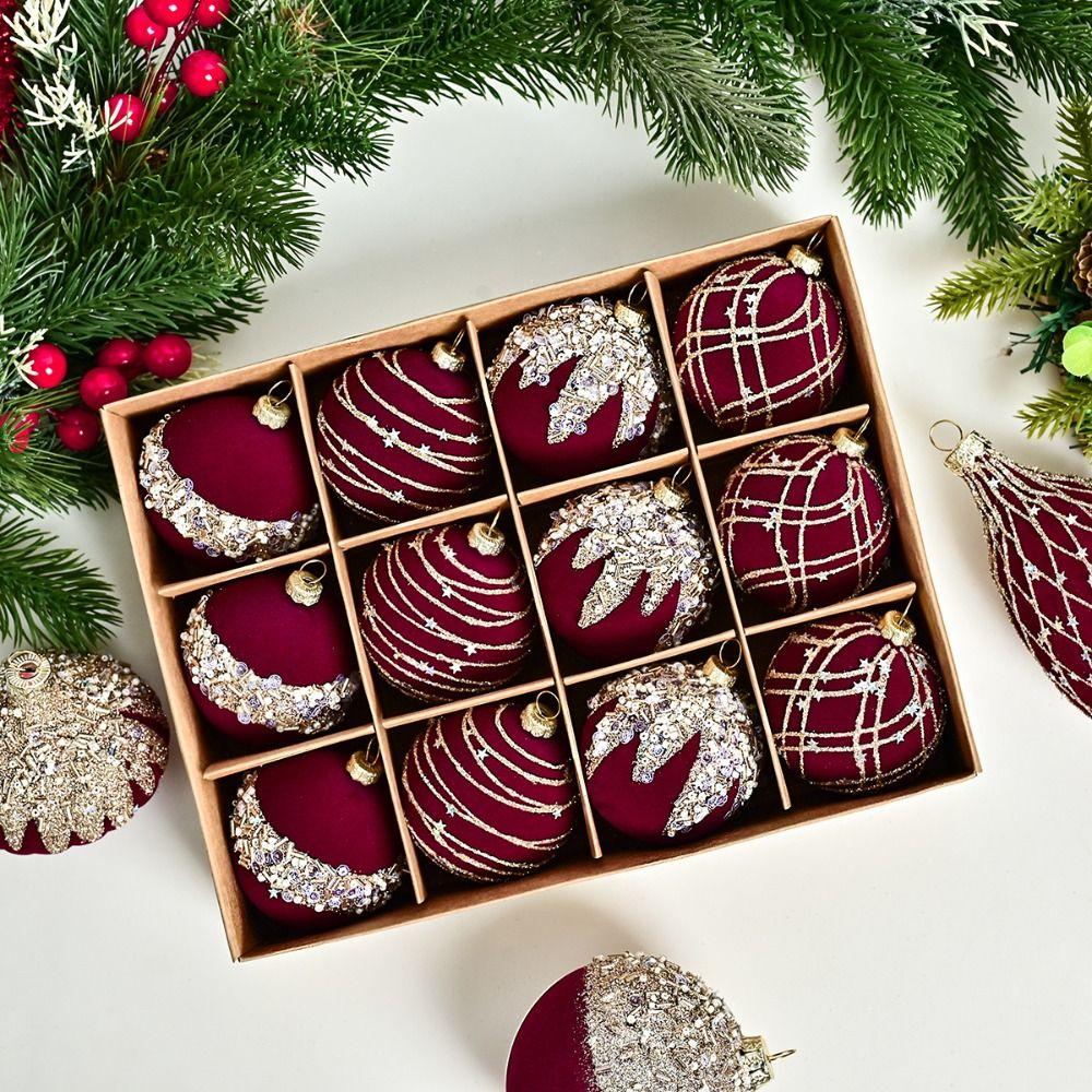 

Glitter Christmas Balls Ornaments Flocked Xmas Tree Hanging Ornaments Home New Year Gifts червоний