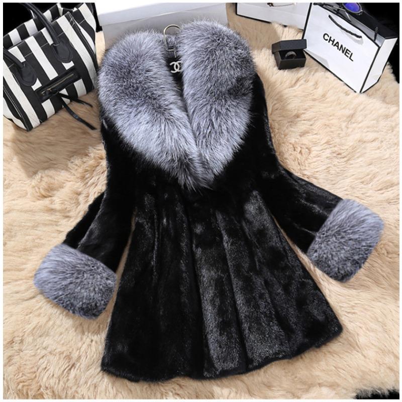 

New autumn and winter imitation mink fur coat medium and long imitation fox fur collar coat fur coat 6XL чёрный