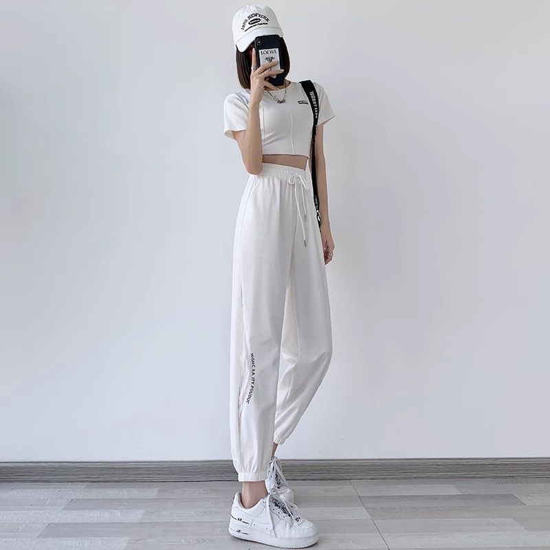 2024 Nuovi Pantaloni Sportivi Estivi Minimalisti e alla Moda a Vita Alta con Stampa di Lettere Vuote Casual Ampi Oversize in Seta Ghiaccio