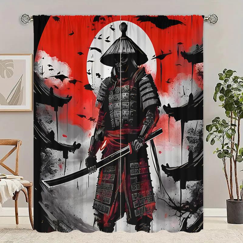 2pcs- Ukiyo-e Samurai Polyester Curtains, Pole Bag Curtains 42*84, Bedroom, Living Room, Home Room Decoration