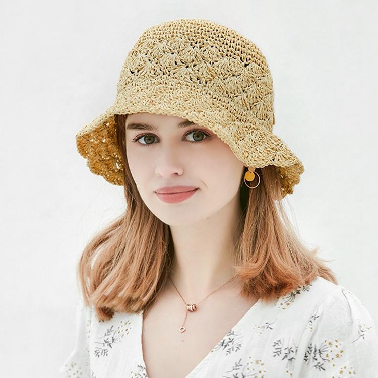 Dámský plážový letní slaměný klobouk s dutým slaměným kloboukem, sluneční klobouk, opalovací krém, módní skládací klobouk