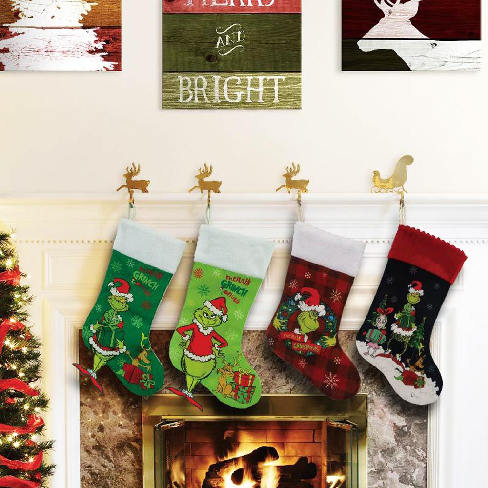 4pcs Grinch Christmas Stockings for Xmas  Fireplace Xmas Tree Hanging Decor