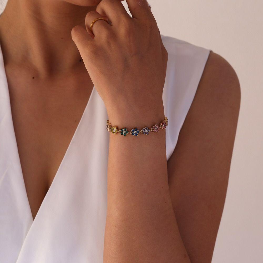 Gold Plated Crystal Flower Bracelet Adjustable Sparkling Floral Bracelet Daily Wear