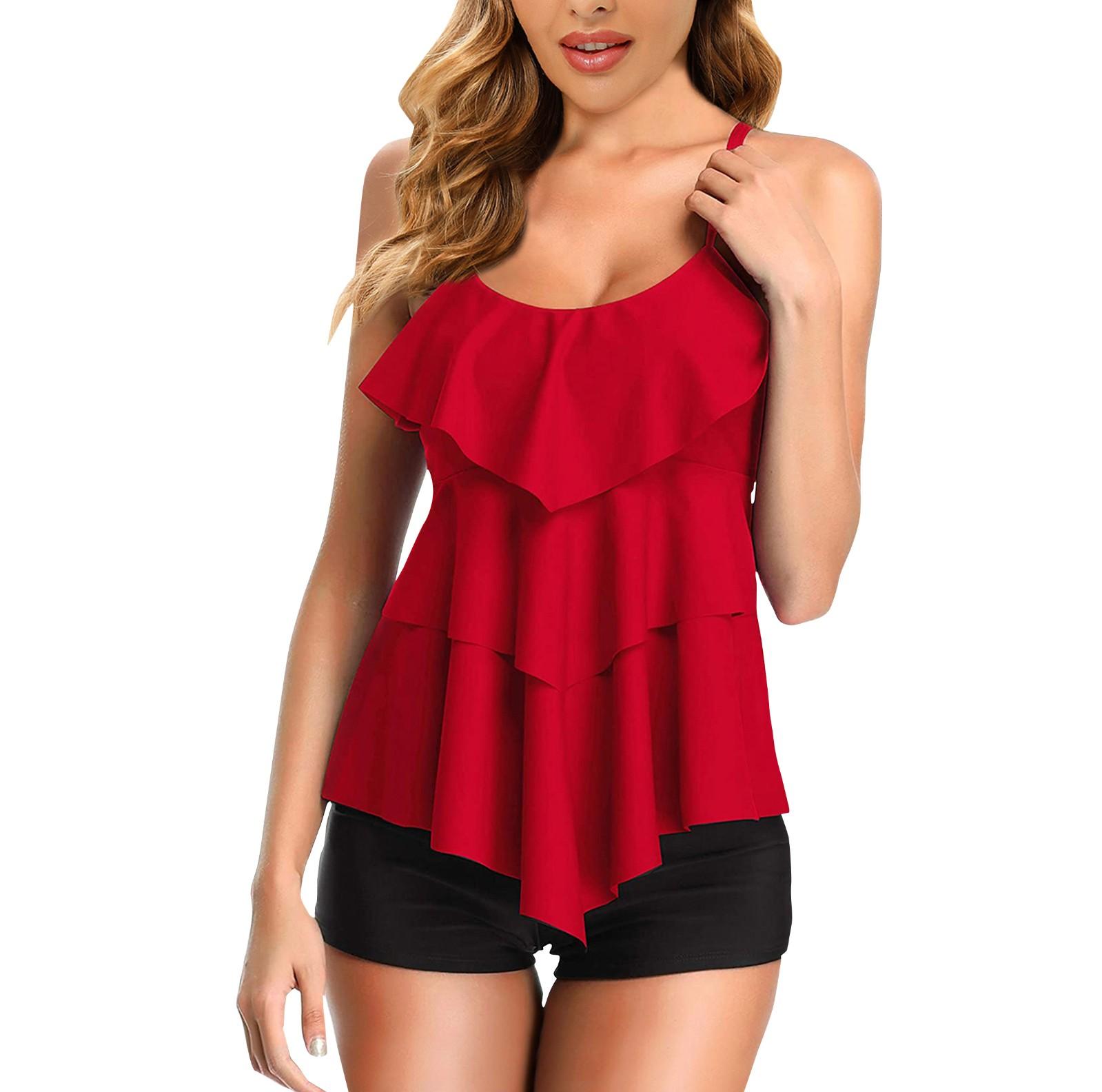 

Женский консервативный купальник с плоскими угловыми брюками с оборками и разрезом, состоящий из двух частей XL красный