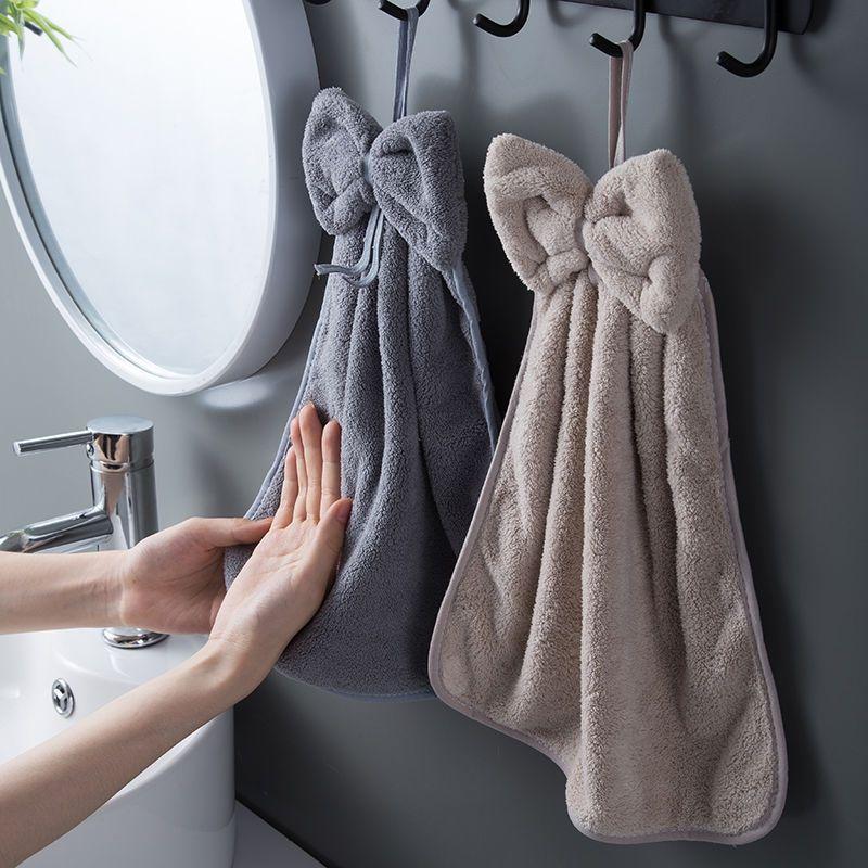 

Hand Towel Household Bow Hanging Type Absorbent Towels Kitchen Wipe Handkerchief Solid Color Kitchen Supplies розовый