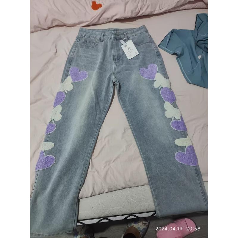 Women Jeans with Heart Vintage Y2k 90s Aesthetic Baggy Denim Trouser 2000s Harajuku Kawaii Wide Cowboy Pants Trashy Clothes 2024