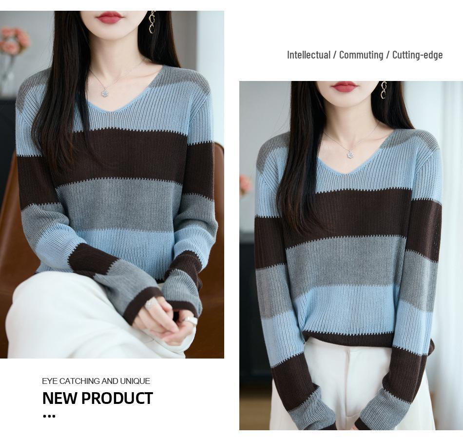 Korean Color Block V-Neck Knit Sweater - Women's Casual Striped Loose Fit for Early Autumn