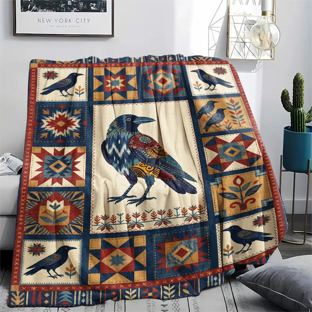 Crow Print Flannel Blanket, High quality Comfortable for All Seasons, Home Decor, Warmth and Comfort, Perfect for Christmas Gifts47