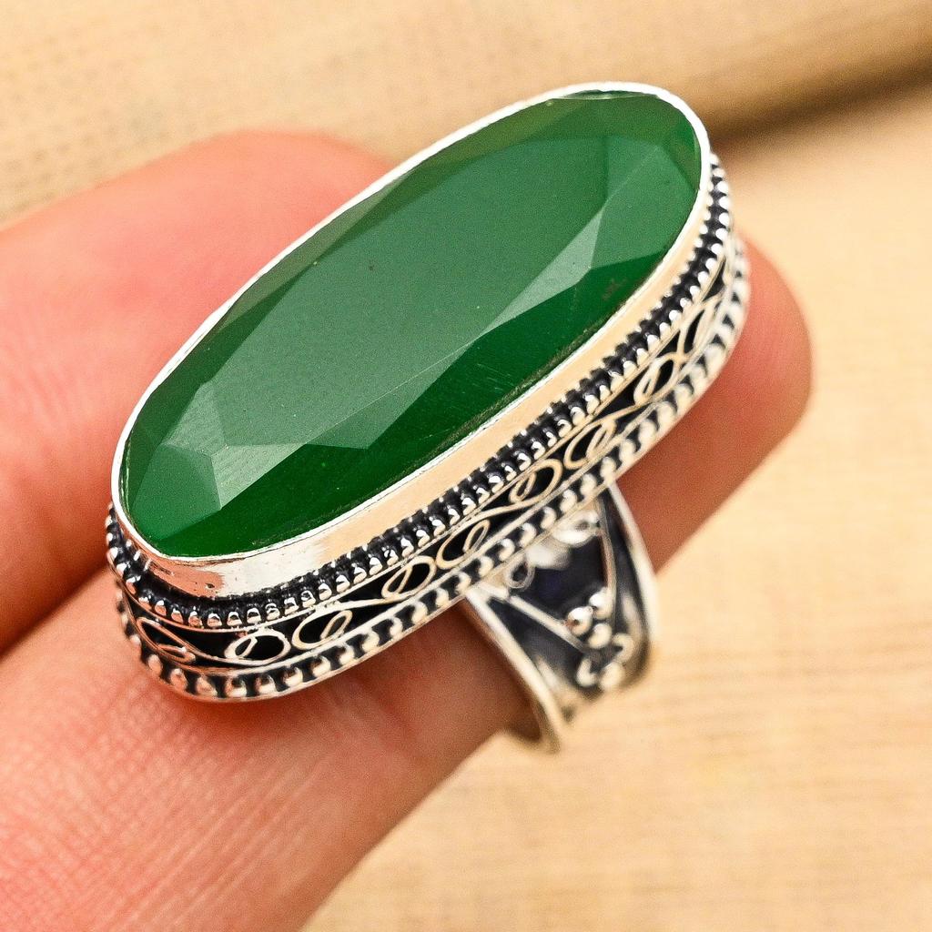 Nydelig Grønn Onyks Edelstein Håndlaget 925 Sterlingsølv Dame Smykker Ring