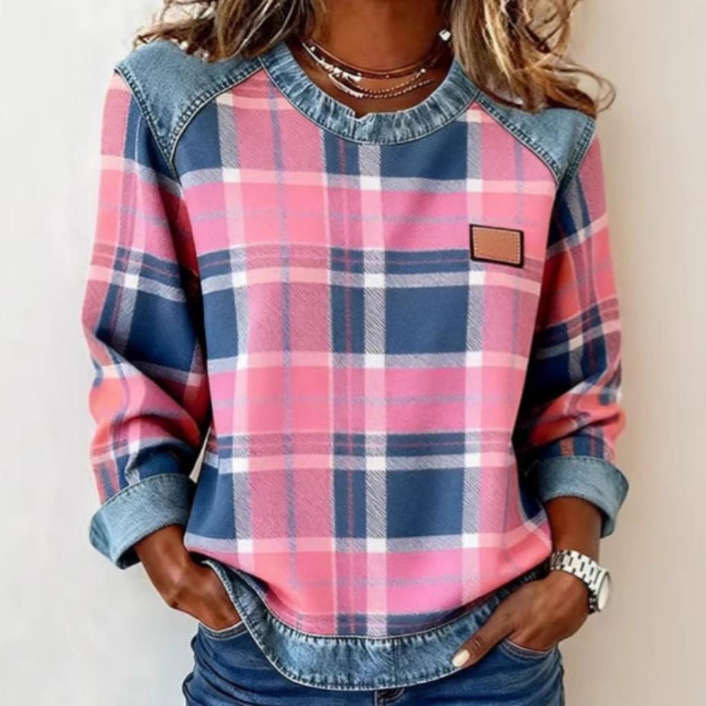 Nuova Felpa da Donna Girocollo Larga Patchwork a Quadri in Denim