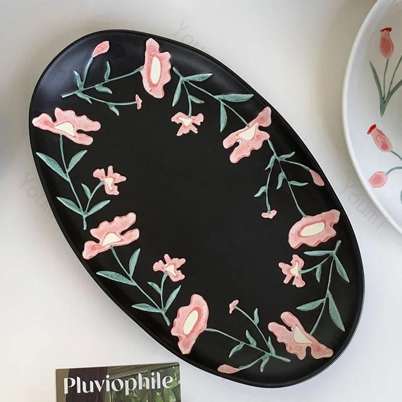 Retro Blumen Schwarz Weiß Keramik Teller High-End-Restaurant Köstliche Steak Platte Exquisite Home Reis Schalen Einzigartige Geschirr