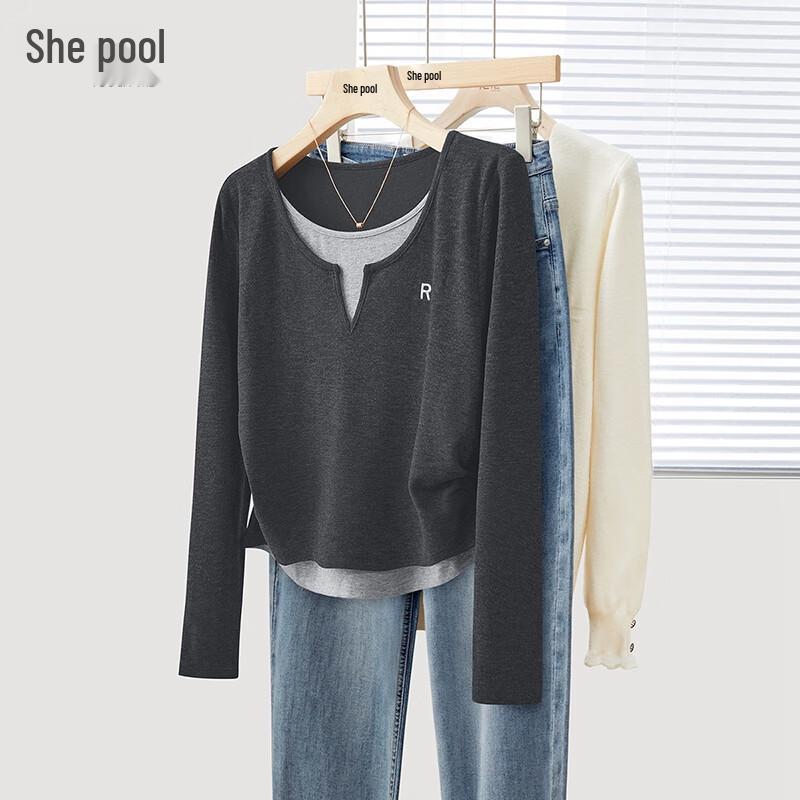 Women s Retro Patchwork Long Sleeve Fake Two-Piece Base Top S