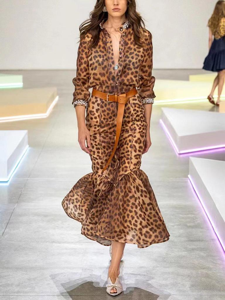 "2024 Europäisch-Amerikanisches Herbst-Leopardenmuster-Diamant-Revers-Hemd mit High-Waist-Fischschwanz-Rock-Anzug"
