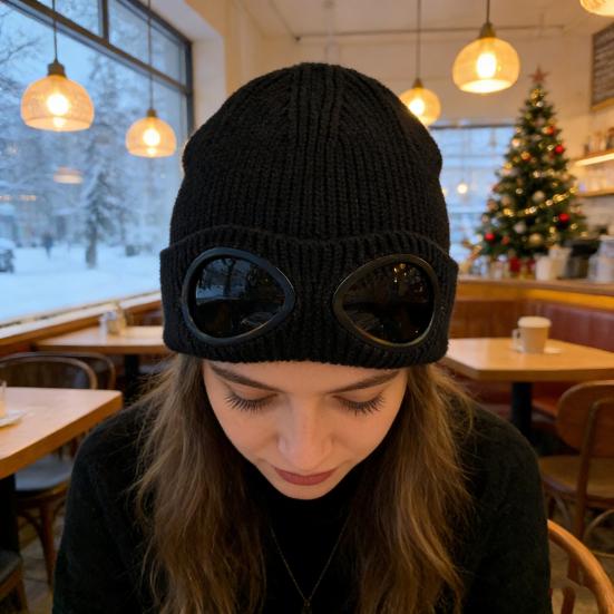 Strickmütze Einfarbig Warme Strickmütze mit Brillen-Dekor Elastisch Winddicht Wintermütze Outdoor Reisen Radfahren Tägliches Tragen