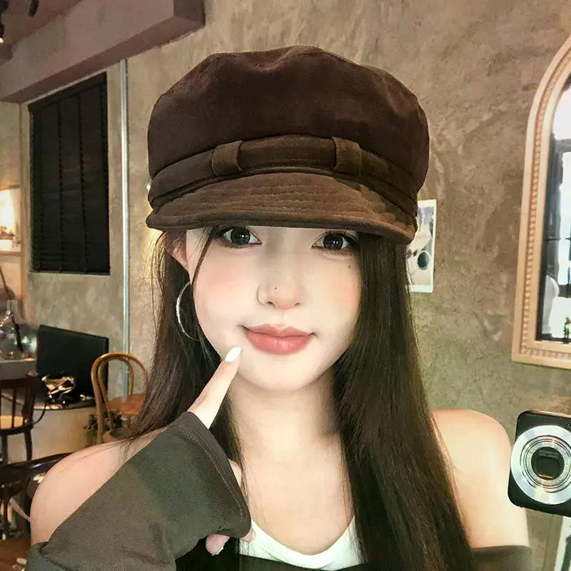 Retro Suede Beret Hat For Women Flat Top Newsboy Cap Autumn Winter Briti Sle Casual Foldable Warm Hat