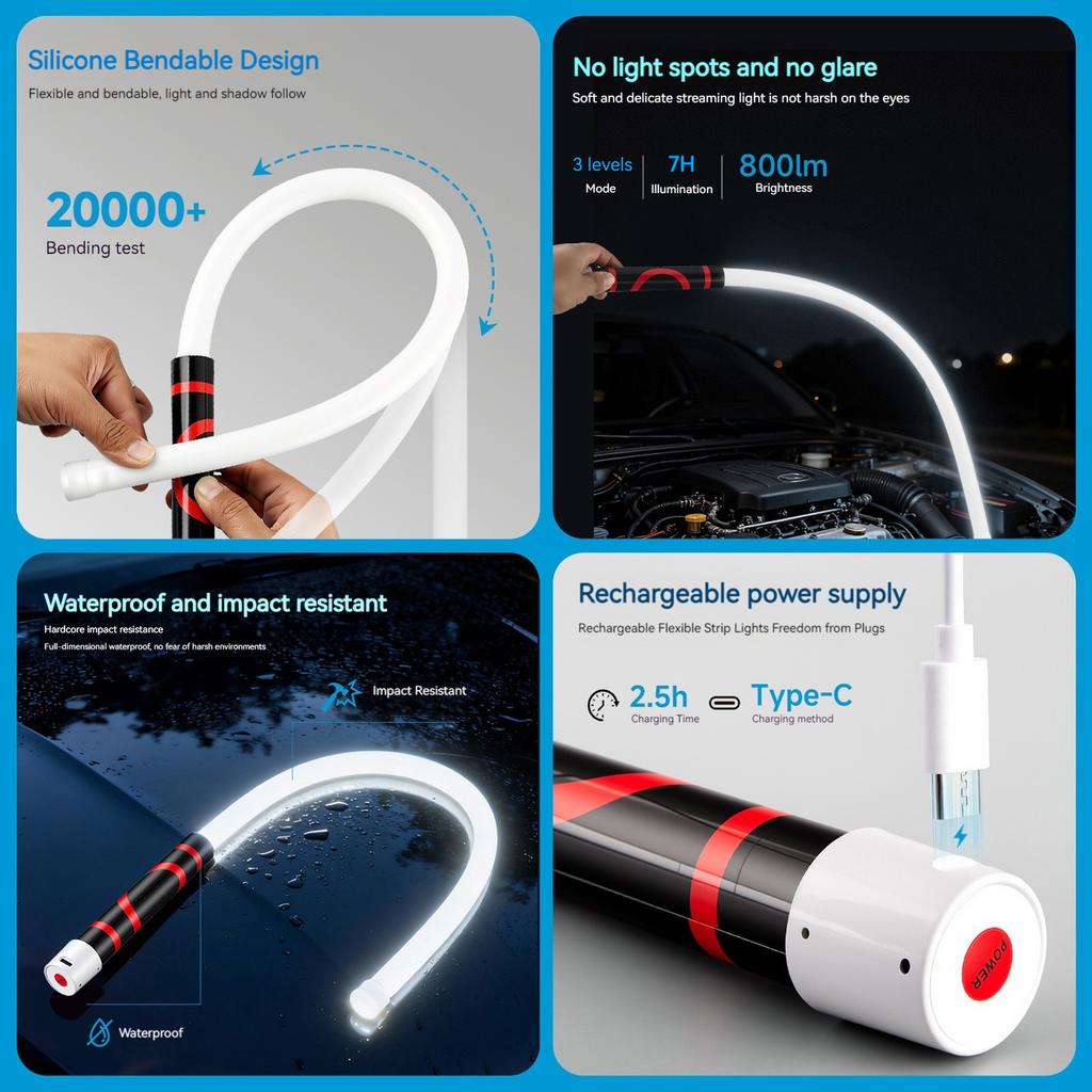 Flexible LED Flashlight Stick Rechargeable 28 Inch Bendable Mechanic Light for Mechanics Car Repairs Inspections Tight Spaces