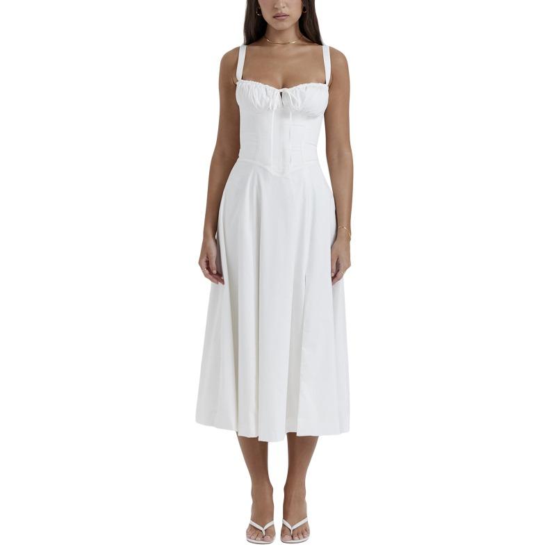 Summer New Fashion French Style Elegant Casual Tied Waist-fitted Slimming Dress Women's Foreign Trade Sleeveless Side Slit Dress