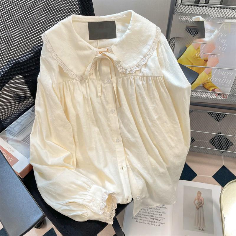 Sweet Lace Floral Turndown Collar Shirt Women Autumn Long Sleeve Loose Casual Blouse WomenButtons Shirts
