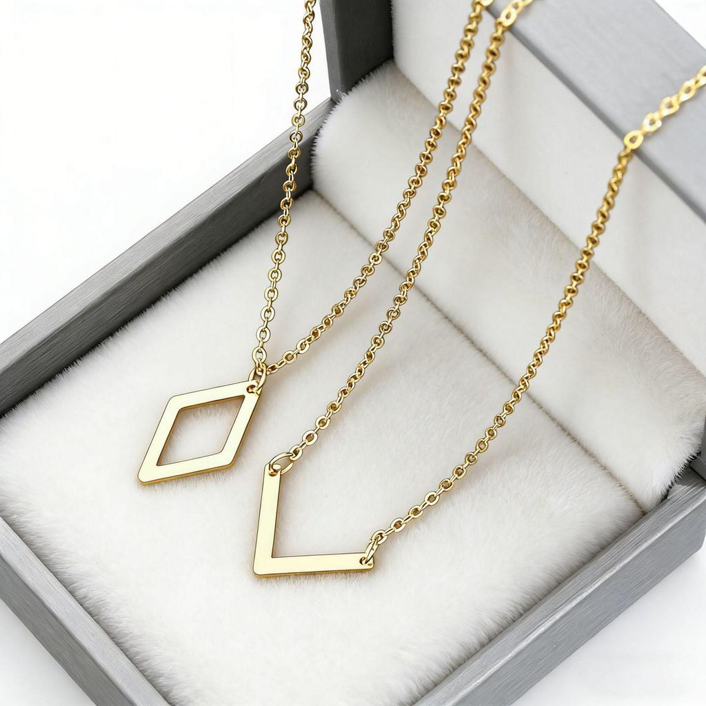 Modern Geometric V-Shape Rhombus Necklace Set - 2-Piece Fashion Pendant for Women