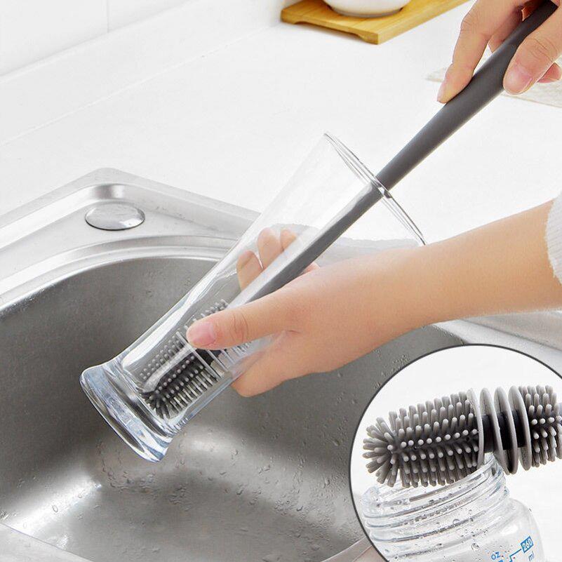 Extra Long Handle 360° Rotating Silicone Brush for Bottles and Cups
