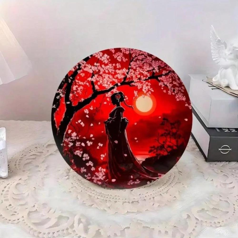 Vintage Japanese Metal Wall Art Cherry Blossom Moon Night Painting Home Decor Gift