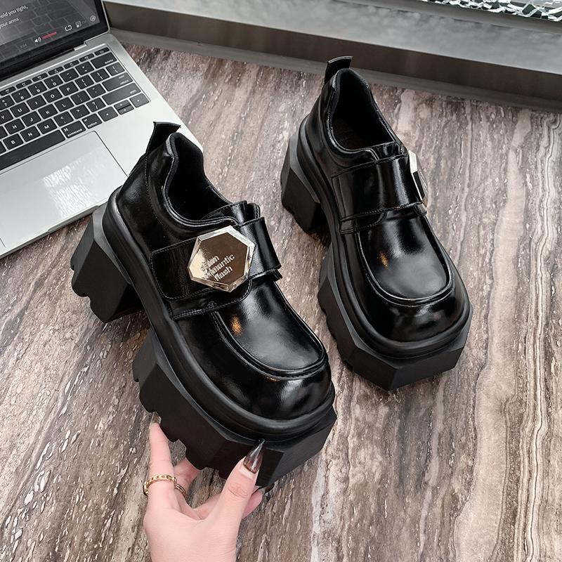 Fashion 2025 Women's High Platform Leather Shoes New Spring 9CM Heels Chunky Sneakers Female Lace-up Metal Loafers Walking Shoes Woman