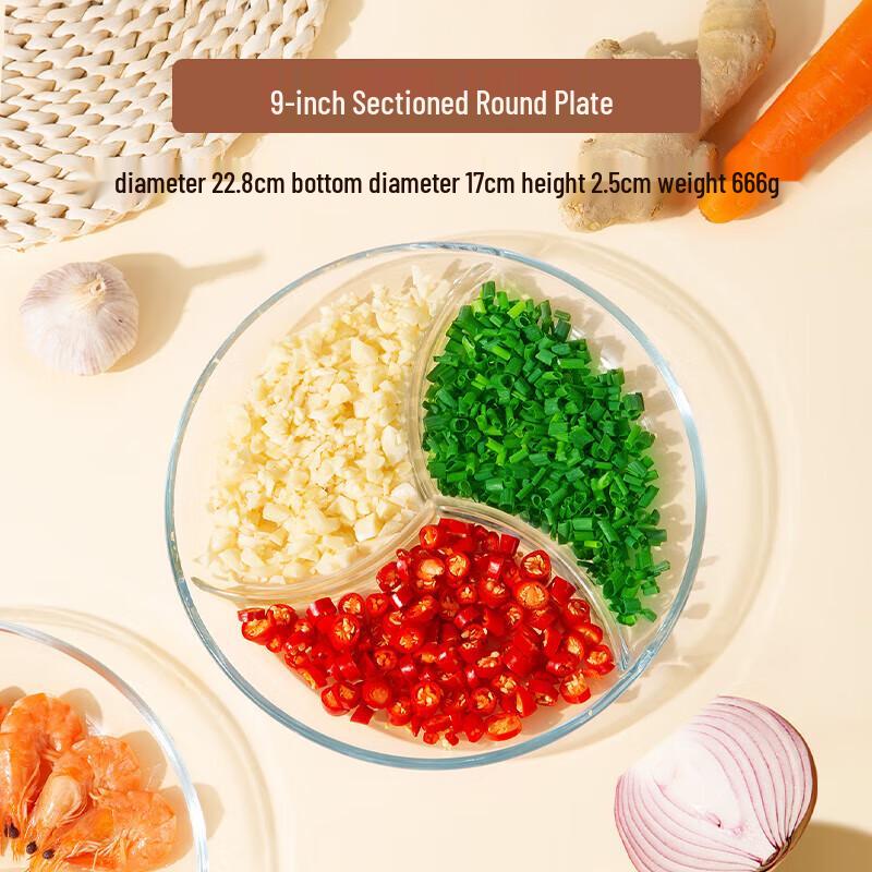 Ninzhao 9-inch Glass 3-Compartment Prep Plate