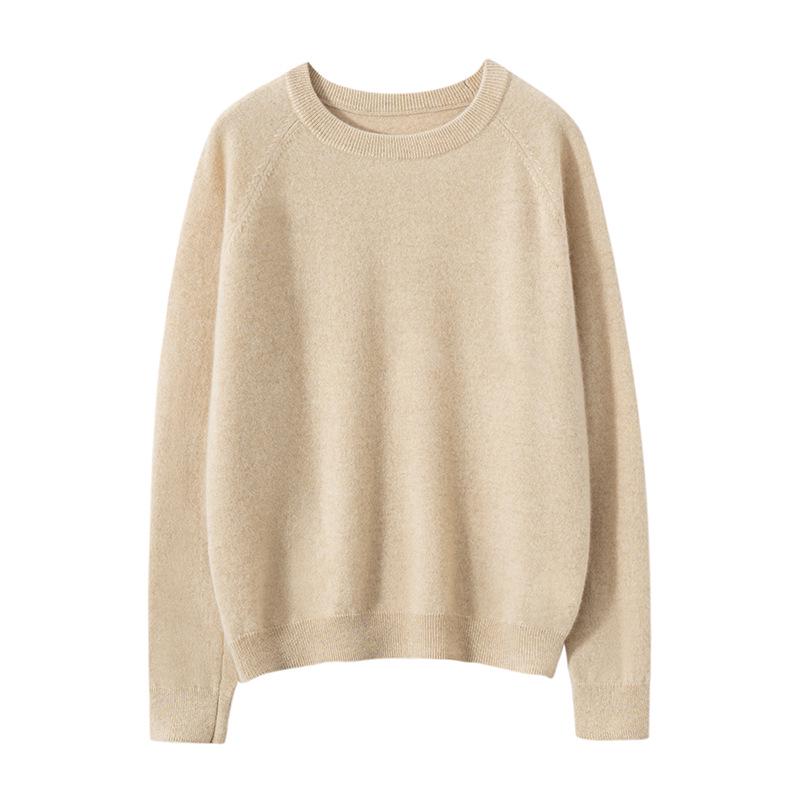 Women's 100% Cashmere Loose Knit Round Neck Sweater - Solid Color Basic Layer