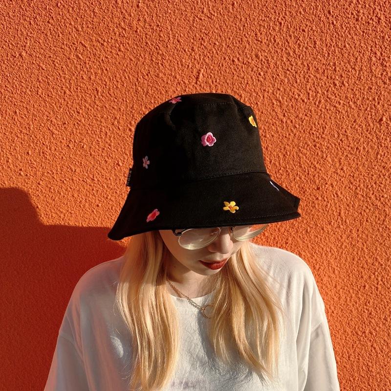 Colorful Flowers Embroidery Bucket Hats For Women Girls Summer Cotton Sunscreen Panama Sun Hat Foldable Outdoor Fisherman Caps