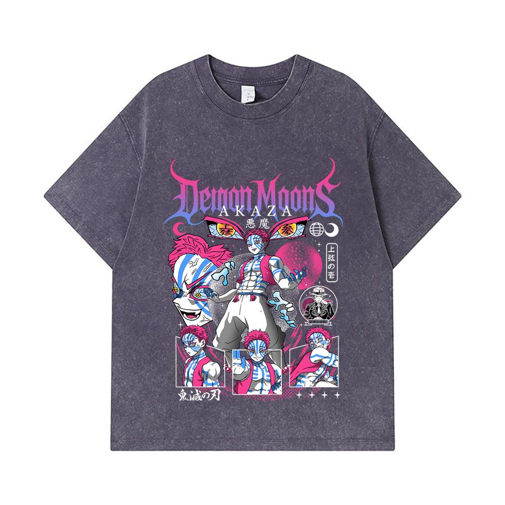 275 GSM Washed T-shirts 100% Cotton Demon Slayer V31 Akaza Print Unisex Heavy Cotton T Shirt