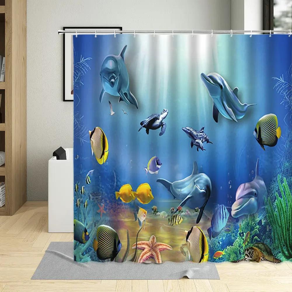 Ocean Sea Animal Dolphin Fish Waterproof Shower Curtain Creative Deep Sea Child Bathroom Decor Screen With Hooks Curtains Set