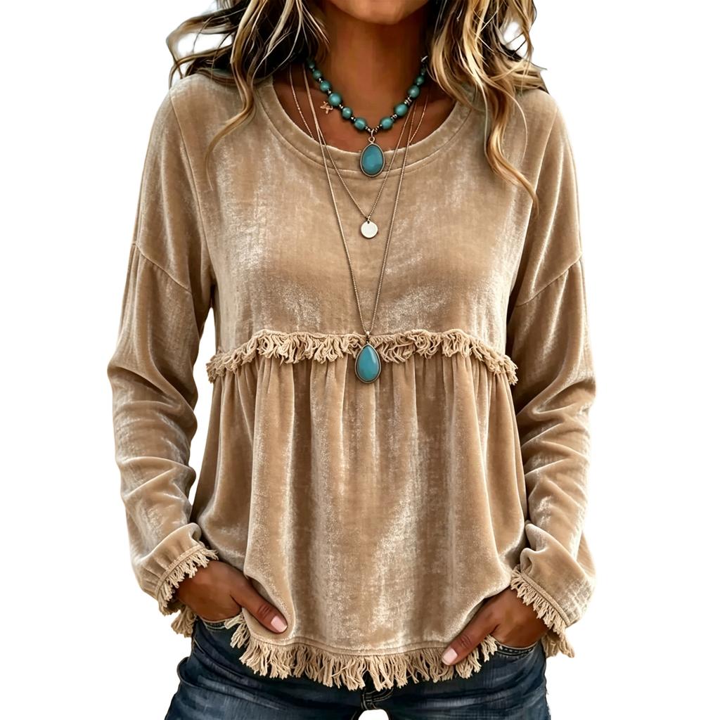 Women's Casual Loose Fit V-Neck Long Sleeve Fringed Color Shirt