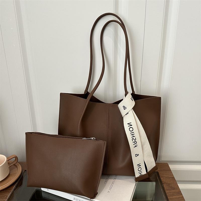 Vintage Large Capacity composite Tote Bag Set Soft PU Leather Shoulder Handbag With Pouch For Women Daily Commute Work Purse