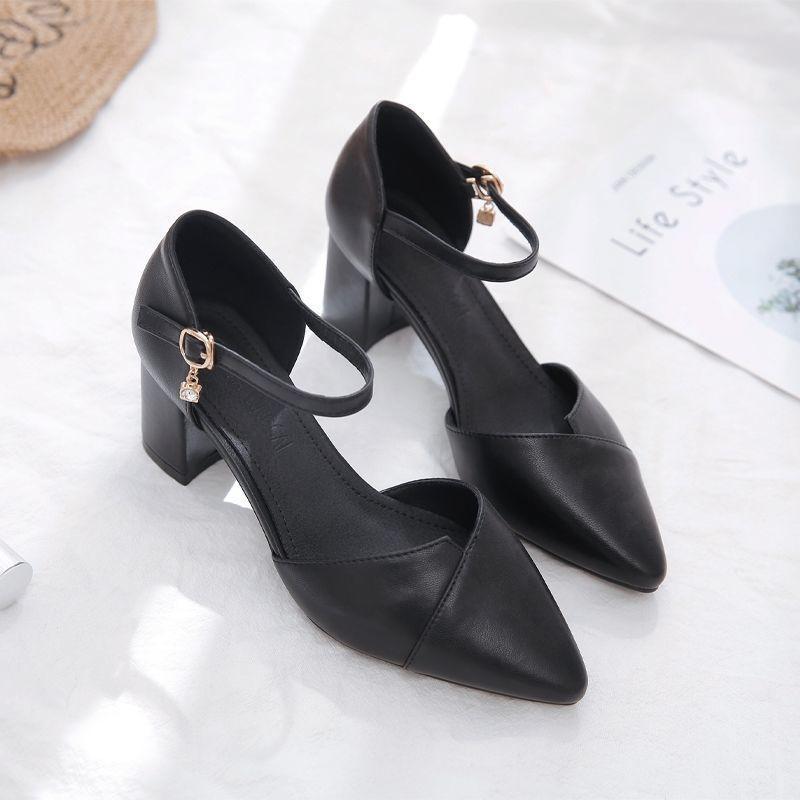 One word with bag head sandals women's summer single shoes middle heel fashionable versatile temperament thick heel high heels women