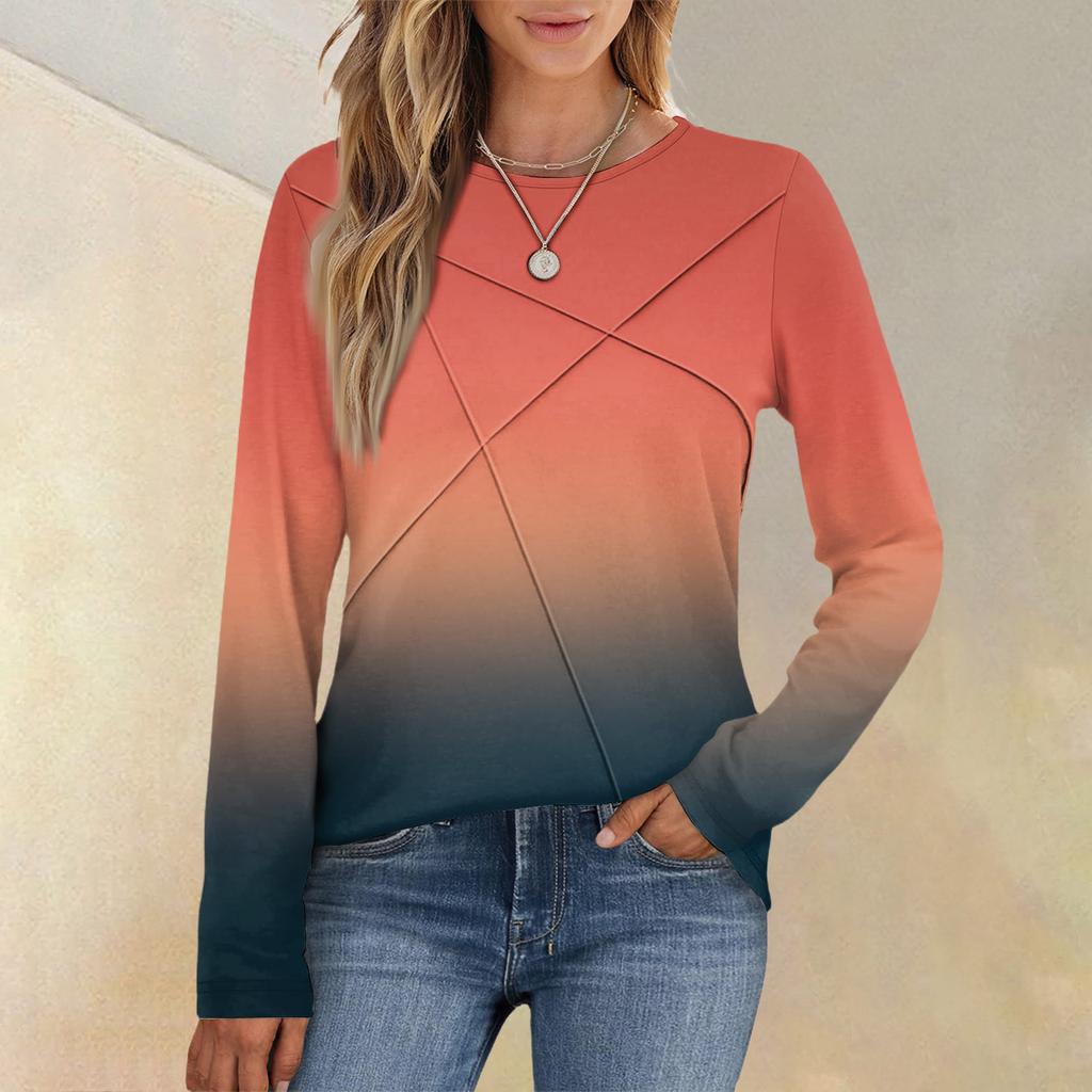 Fashionable Women's Long-sleeved Gradient Round Neck Casual Pleated Loose Top