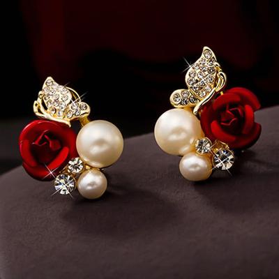 Earrings Red Rose Flower Faux Pearl Decor Exquisite Alloy Ear Studs Jewelry Gift for Party