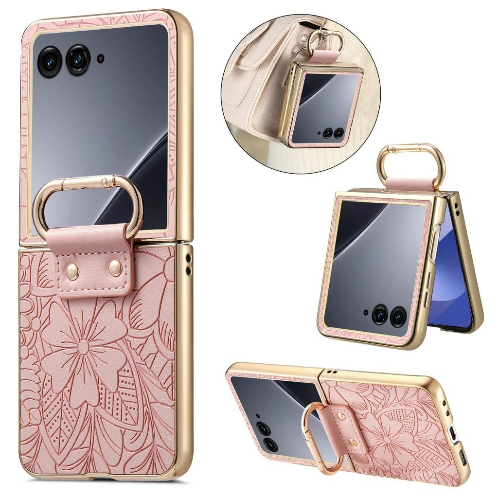 Coque de téléphone anti-chute à motif floral en relief pour Motorola Razr 70 60 50 Ultra avec boucle anneau Housse de protection antichoc plaquée