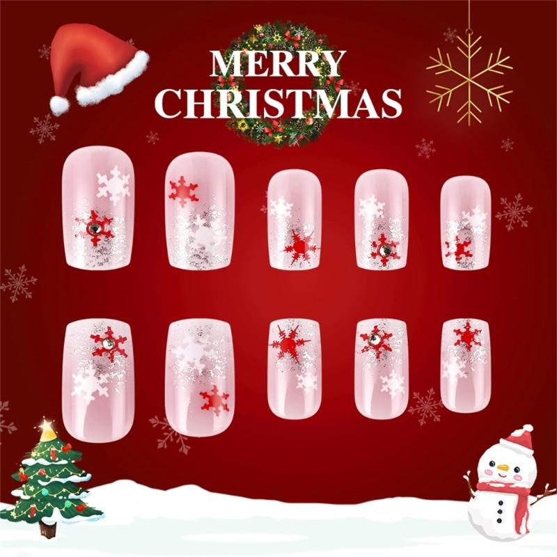 Christmas Fake Nail Square Press on Nail Snowflake Acrylic Nail Full Cover False Nail Stick on Nail Artificial Nail
