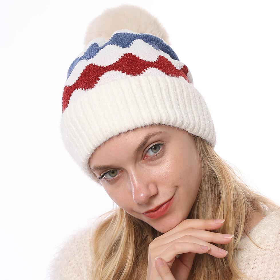 Women's Autumn Winter Plush Warm Knit Hat Chenille Soft Wave Wool Ball Wool Hat