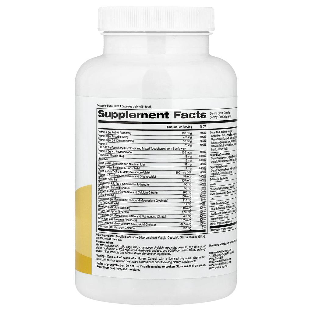Super Nutrition Women's Multivitamin, Super Balanced Plants, Greens, Spices, Vitamin A, Iron Free, 240 Veggie Capsules