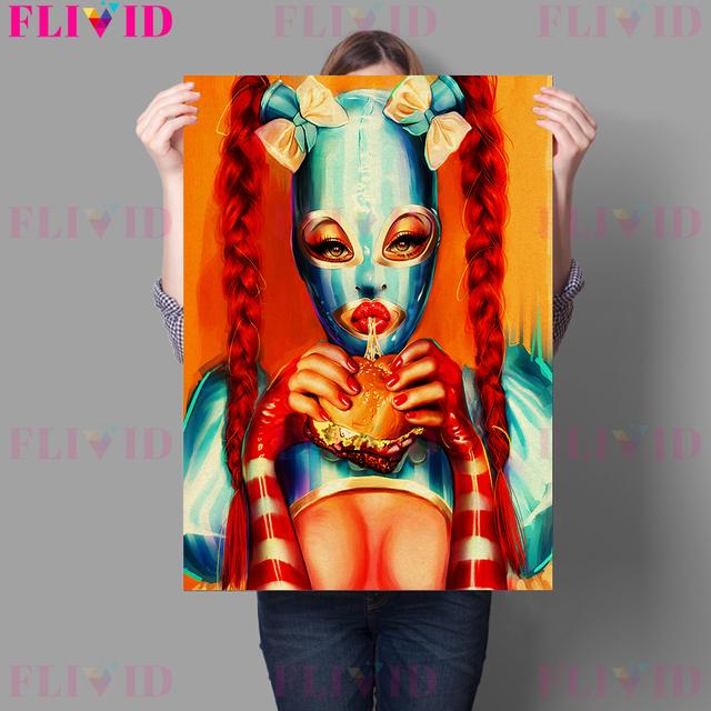 Cute and Terrifying Pink Girl Retro Wall Art Oil Painting Red Peach Girl, Zombie Laurie, Gothic Moon Girl Art Poster