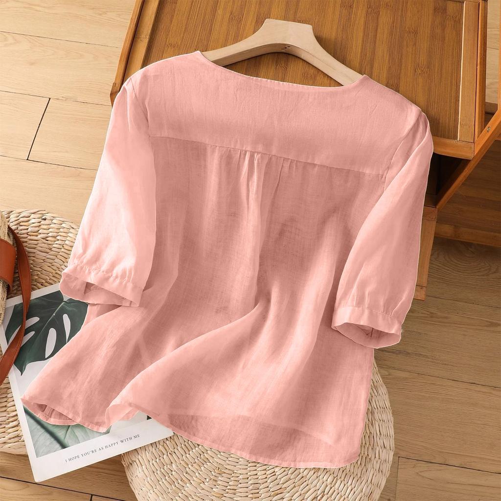 Modisches Damen-Pullover-Oberteil mit kurzen Ärmeln aus Baumwolle und Leinen mit Stickerei, lockere Passform, figurformend, vielseitiges Baumwoll-Leinen-T-Shirt.