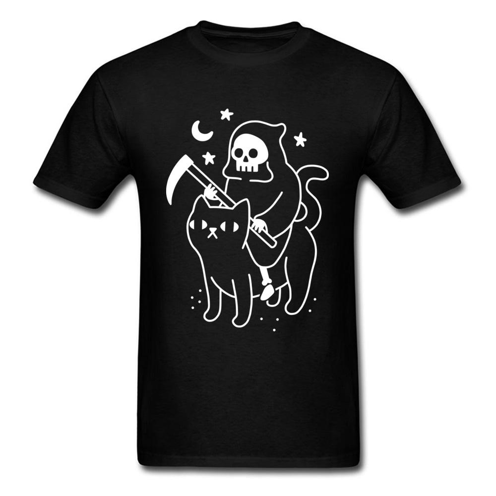 Grim Death Rides A Black Cat TShirt Funky Short Sleeve Unique Unisex Tees All Cotton Round Neck Unisex Tee Shirts Summer Sweater
