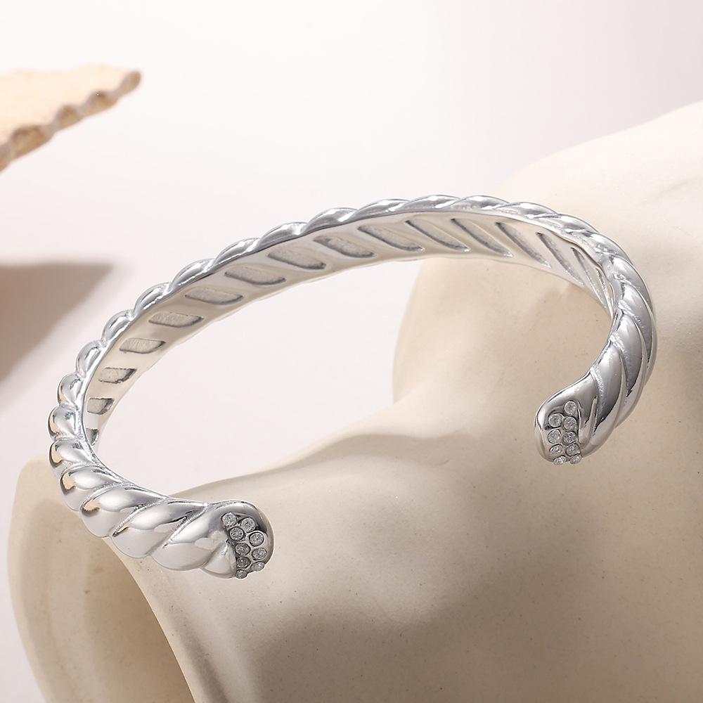 Bracelet Ouvert Torsion Texturé Mode Bracelet Diamant Plaqué Or Acier Inoxydable Bijoux