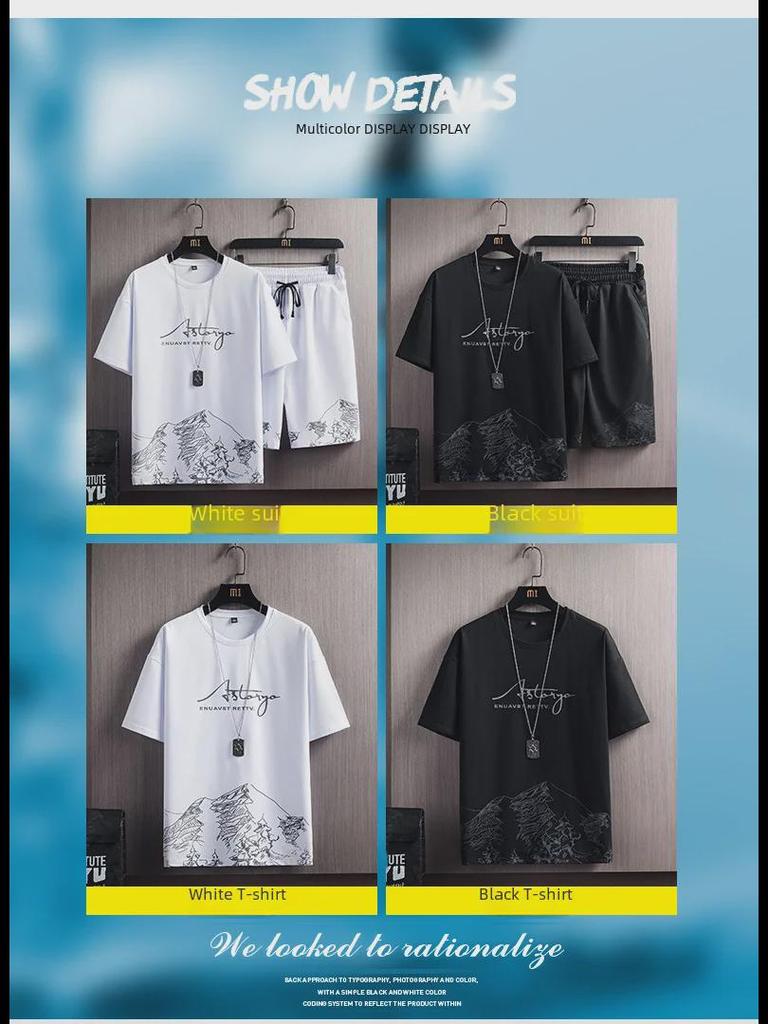 Conjunto masculino de camiseta e shorts slim fit com estampa de montanha nevada para o verão - Tendência da moda coreana