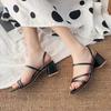 Women Sandals Ladies Square Heels Elegant Summer Slippers Outside Cross Tied Leather Female Slides Fashion
